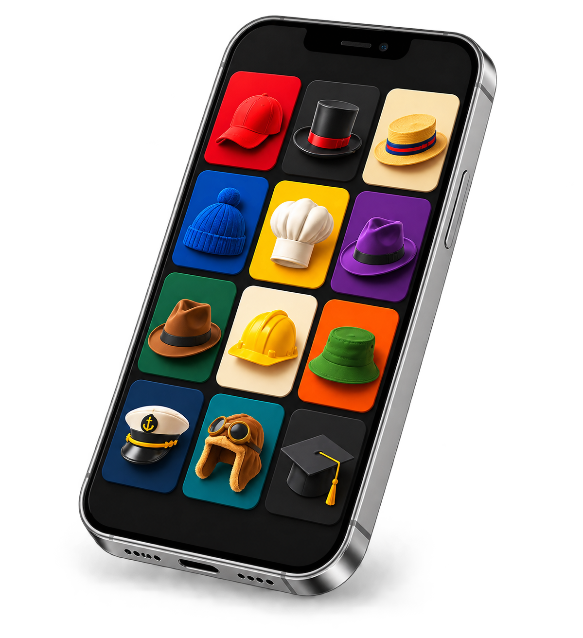 A smartphone displaying a grid of different hat styles