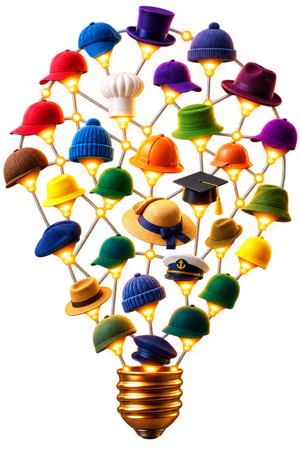 A glowing lightbulb formed from many different hats